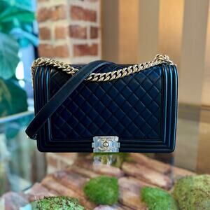 CHANEL Black Quilted Lambskin Medium Boy Bag